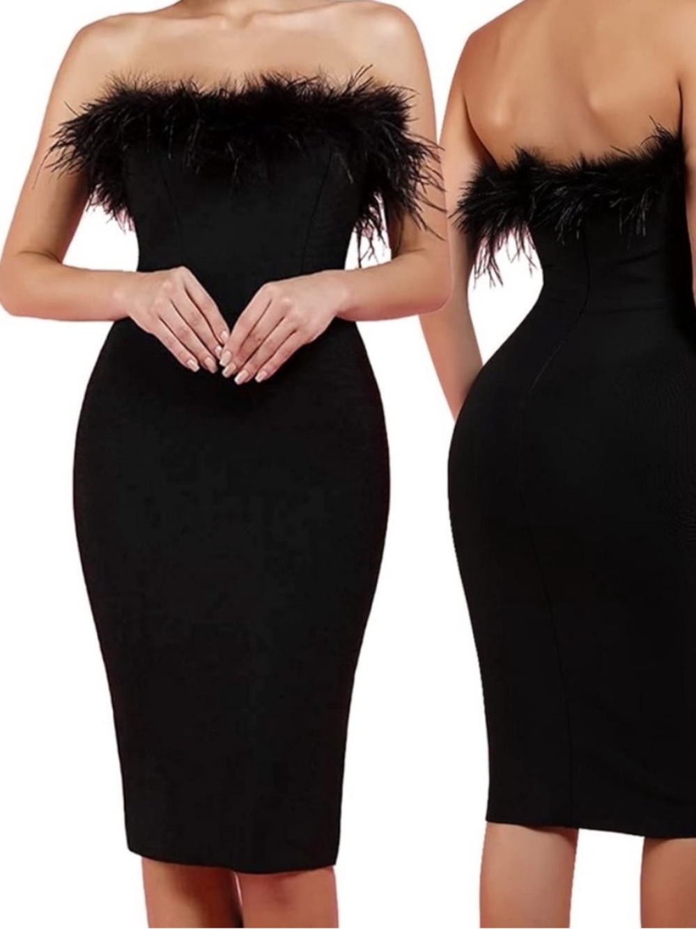 Milly Black Feather-Trim Ribbed Midi Dress